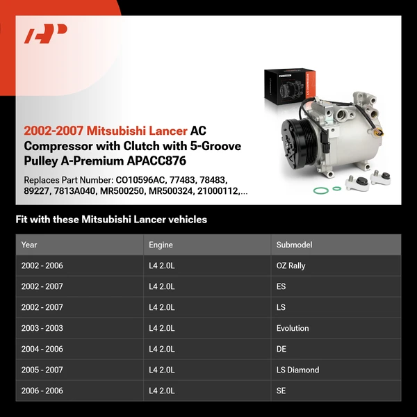 2002-2007 Mitsubishi Lancer AC Compressor with Clutch with 5-Groove Pulley A-Premium APACC876