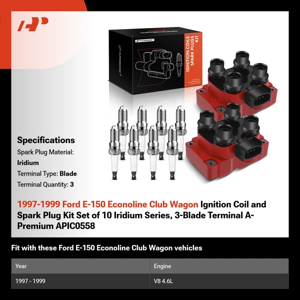 1997-1999 Ford E-150 Econoline Club Wagon Ignition Coil and Spark Plug Kit Set of 10 Iridium Series, 3-Blade Terminal A-Premium APIC0558