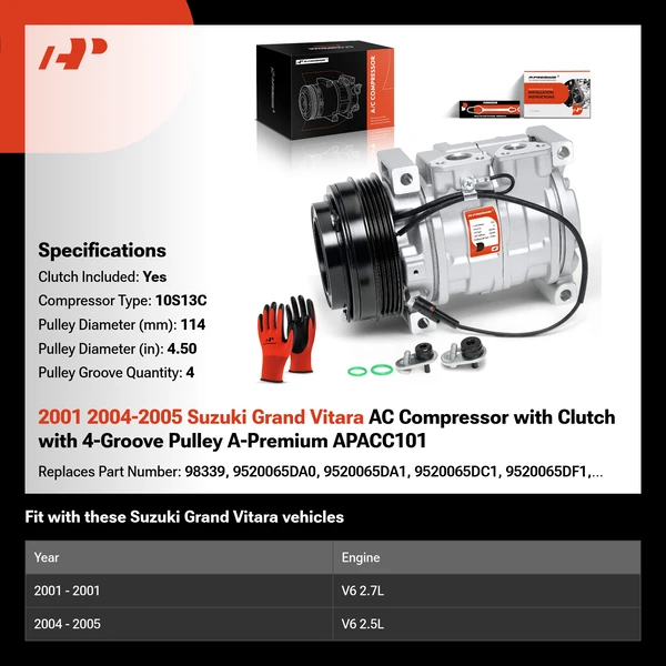2001 2004-2005 Suzuki Grand Vitara AC Compressor with Clutch with 4-Groove Pulley A-Premium APACC101