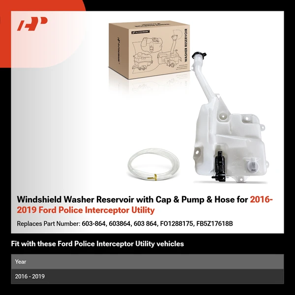 Windshield Washer Reservoir with Cap & Pump & Hose for 2016-2019 Ford Police Interceptor Utility