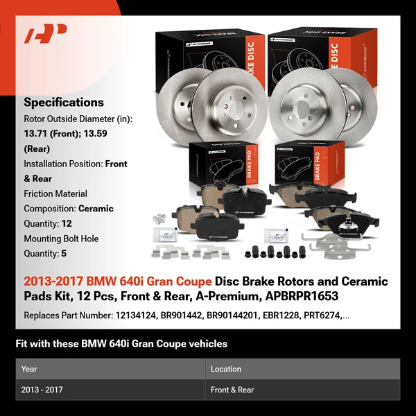 2013-2017 BMW 640i Gran Coupe Disc Brake Rotors and Ceramic Pads Kit, 12 Pcs, Front & Rear, A-Premium, APBRPR1653