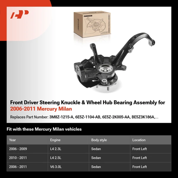 Front Driver Steering Knuckle & Wheel Hub Bearing Assembly for 2006-2011 Mercury Milan