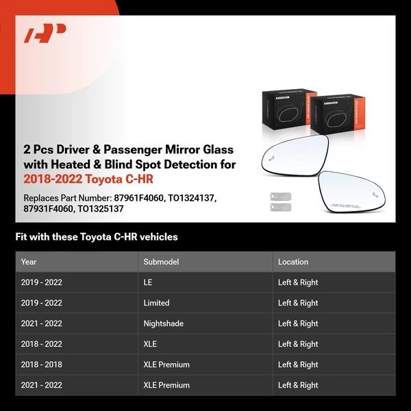 2 Pcs Driver & Passenger Mirror Glass with Heated & Blind Spot Detection for 2018-2022 Toyota C-HR