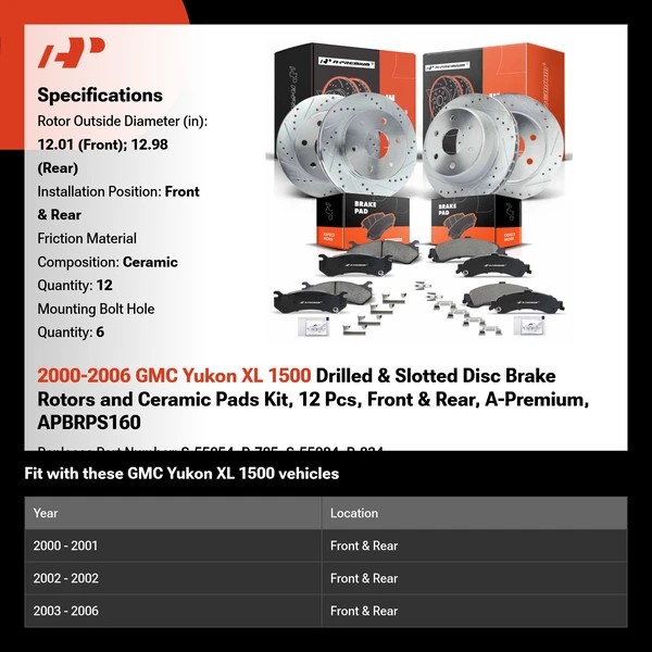 2000-2006 GMC Yukon XL 1500 Drilled & Slotted Disc Brake Rotors and Ceramic Pads Kit, 12 Pcs, Front & Rear, A-Premium, APBRPS160