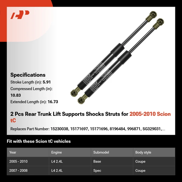 2 Pcs Rear Trunk Lift Supports Shocks Struts for 2005-2010 Scion tC