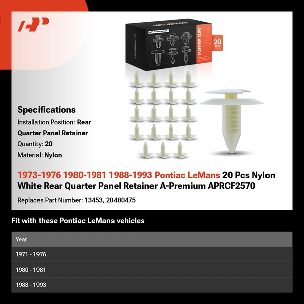 1973-1976 1980-1981 1988-1993 Pontiac LeMans 20 Pcs Nylon White Rear Quarter Panel Retainer A-Premium APRCF2570
