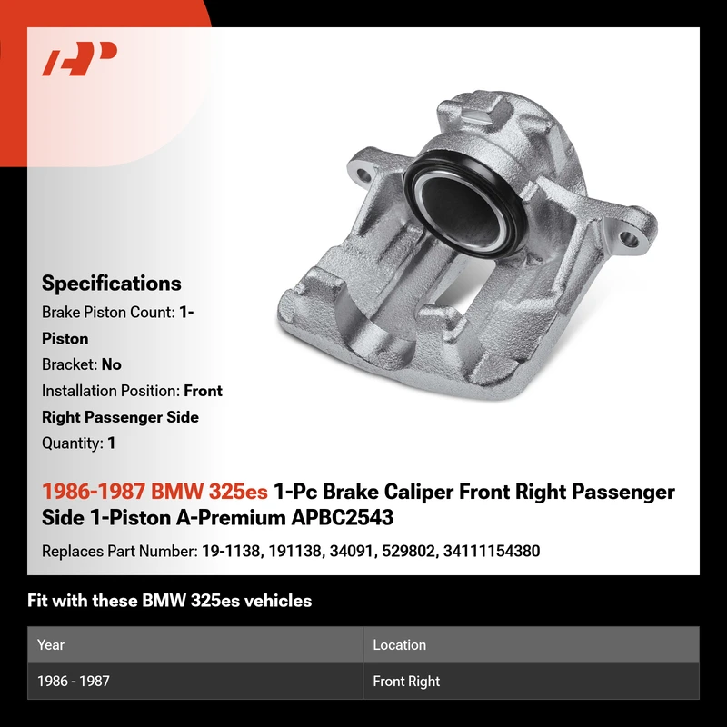 1986-1987 BMW 325es 1-Pc Brake Caliper Front Right Passenger Side 1-Piston A-Premium APBC2543