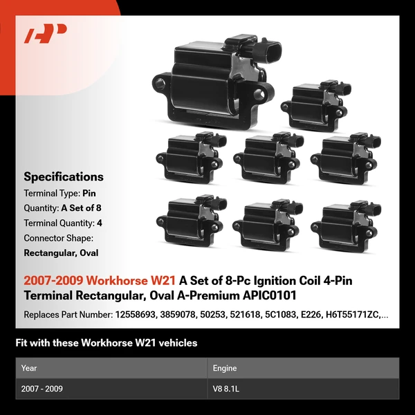 2007-2009 Workhorse W21 A Set of 8-Pc Ignition Coil 4-Pin Terminal Rectangular, Oval A-Premium APIC0101