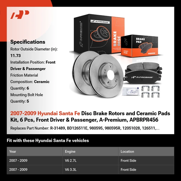 2007-2009 Hyundai Santa Fe Disc Brake Rotors and Ceramic Pads Kit, 6 Pcs, Front Driver & Passenger, A-Premium, APBRPR456