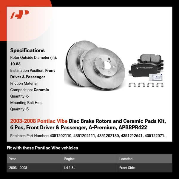 2003-2008 Pontiac Vibe Disc Brake Rotors and Ceramic Pads Kit, 6 Pcs, Front Driver & Passenger, A-Premium, APBRPR422