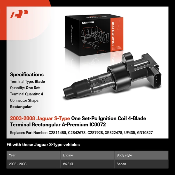 2003-2008 Jaguar S-Type One Set-Pc Ignition Coil 4-Blade Terminal Rectangular A-Premium IC0072