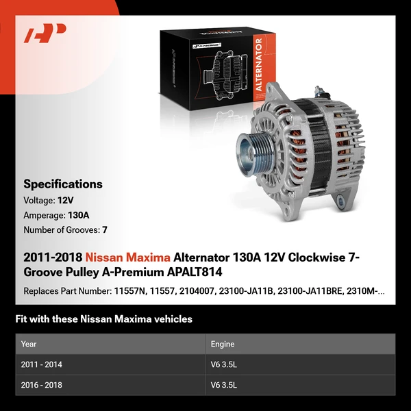 2011-2018 Nissan Maxima Alternator 130A 12V Clockwise 7-Groove Pulley A-Premium APALT814