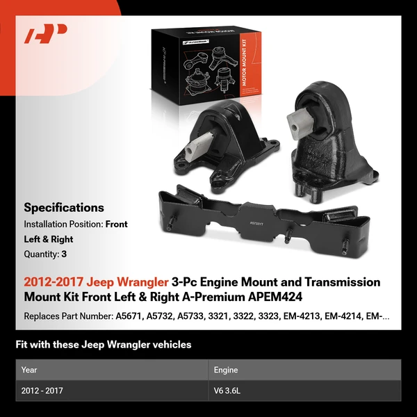 2012-2017 Jeep Wrangler 3-Pc Engine Mount and Transmission Mount Kit Front Left & Right A-Premium APEM424