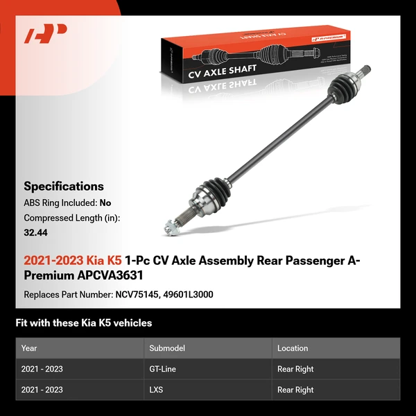 2021-2023 Kia K5 1-Pc CV Axle Assembly Rear Passenger A-Premium APCVA3631