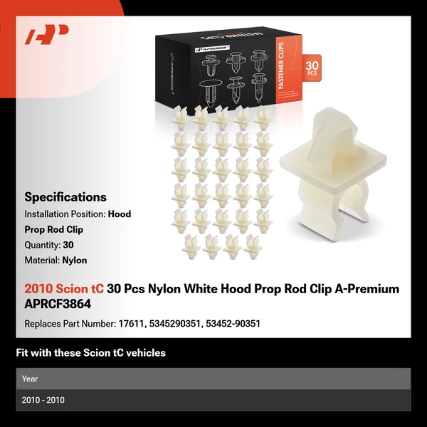 2010 Scion tC 30 Pcs Nylon White Hood Prop Rod Clip A-Premium APRCF3864
