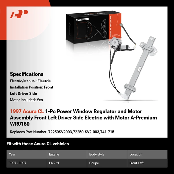 1997 Acura CL 1-Pc Power Window Regulator and Motor Assembly Front Left Driver Side Electric with Motor A-Premium WR0160
