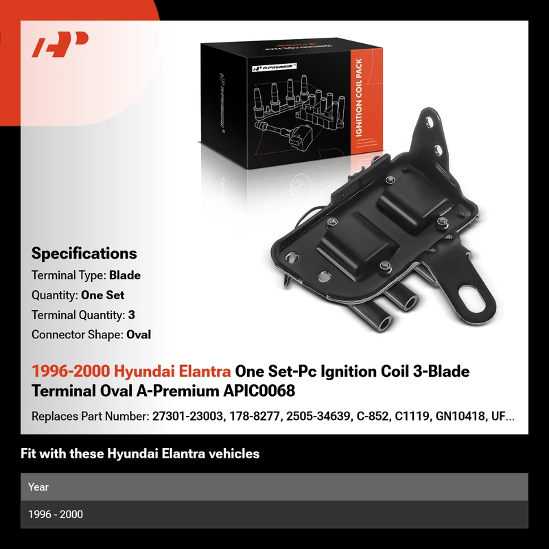 1996-2000 Hyundai Elantra One Set-Pc Ignition Coil 3-Blade Terminal Oval A-Premium APIC0068