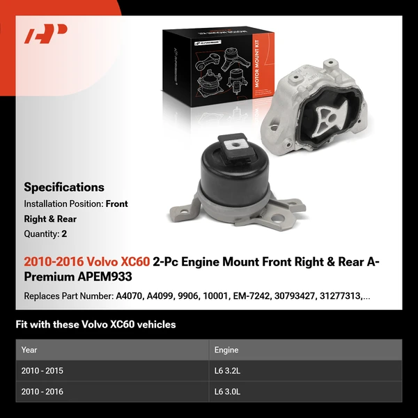 2010-2016 Volvo XC60 2-Pc Engine Mount Front Right & Rear A-Premium APEM933
