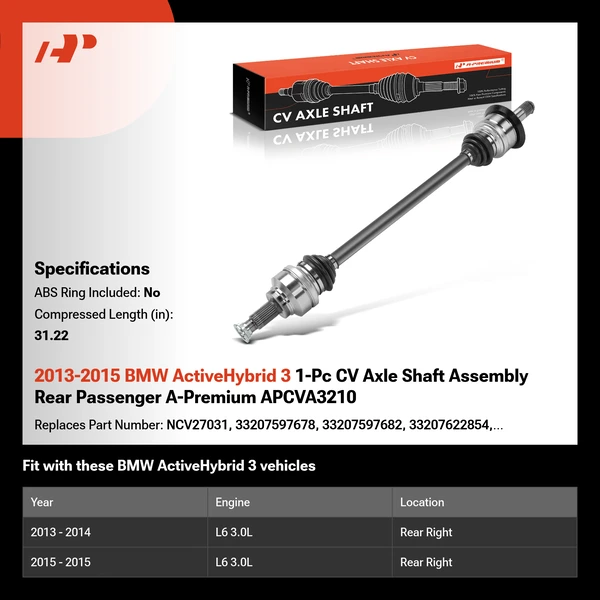 2013-2015 BMW ActiveHybrid 3 1-Pc CV Axle Shaft Assembly Rear Passenger A-Premium APCVA3210