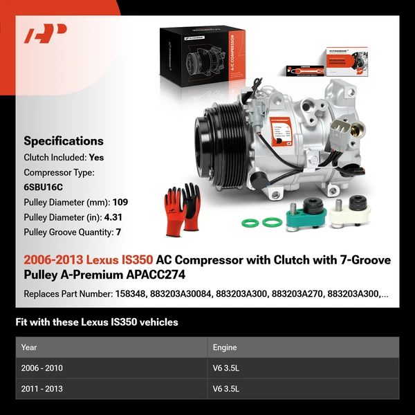 2006-2013 Lexus IS350 AC Compressor with Clutch with 7-Groove Pulley A-Premium APACC274