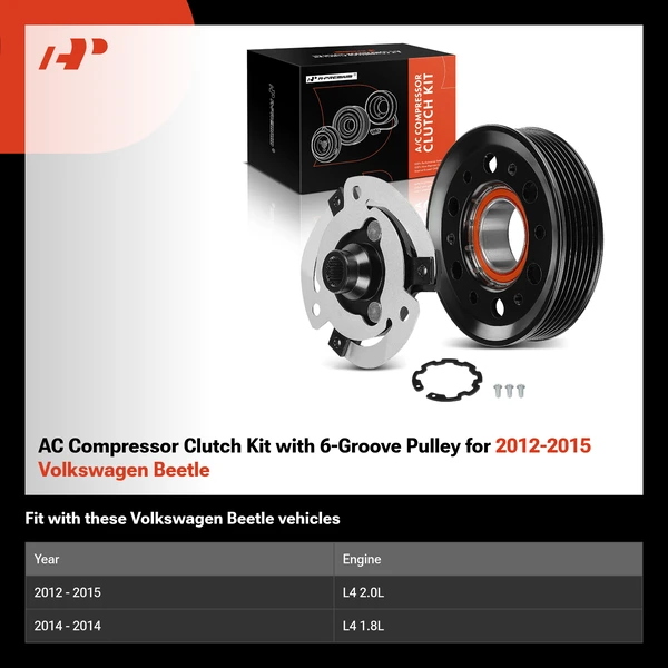 AC Compressor Clutch Kit with 6-Groove Pulley for 2012-2015 Volkswagen Beetle