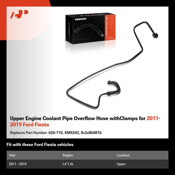 Upper Engine Coolant Pipe Overflow Hose withClamps for 2011-2019 Ford Fiesta