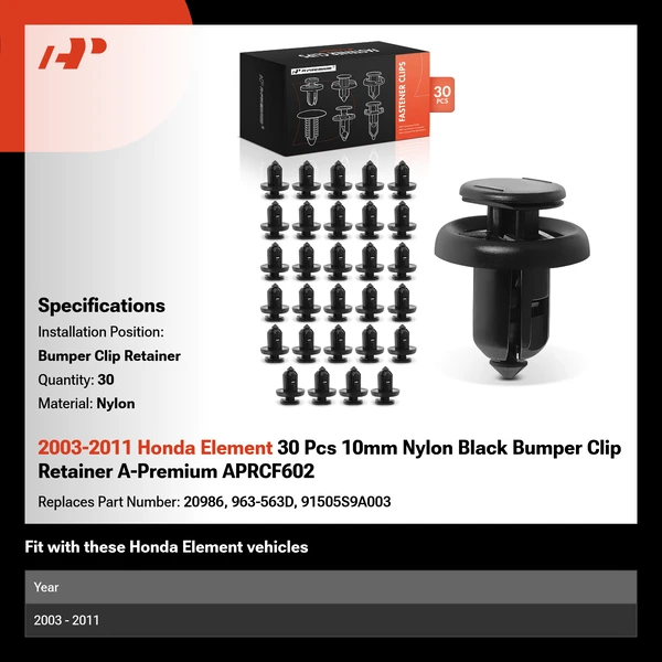 2003-2011 Honda Element 30 Pcs 10mm Nylon Black Bumper Clip Retainer A-Premium APRCF602