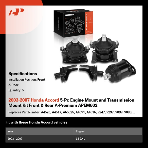 2003-2007 Honda Accord 5-Pc Engine Mount and Transmission Mount Kit Front & Rear A-Premium APEM602