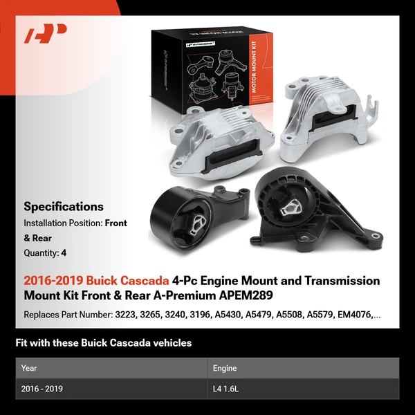 2016-2019 Buick Cascada 4-Pc Engine Mount and Transmission Mount Kit Front & Rear A-Premium APEM289
