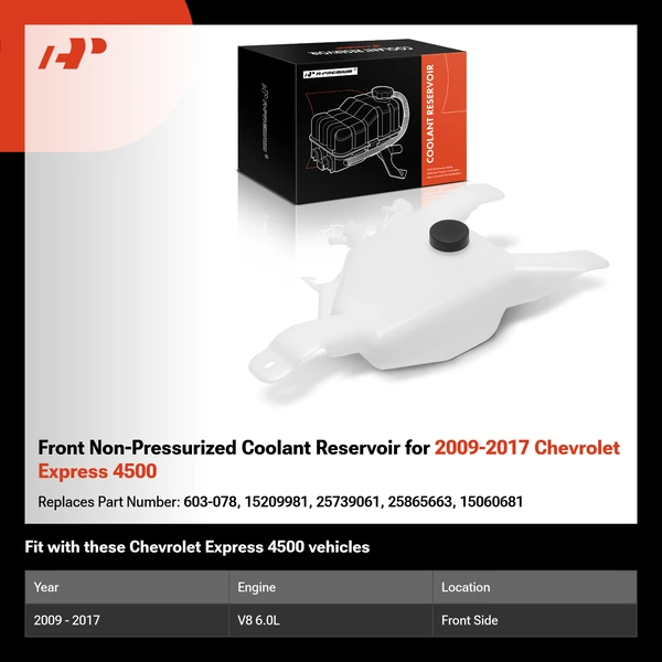 Front Non-Pressurized Coolant Reservoir for 2009-2017 Chevrolet Express 4500