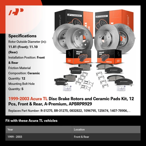 1999-2003 Acura TL Disc Brake Rotors and Ceramic Pads Kit, 12 Pcs, Front & Rear, A-Premium, APBRPR929