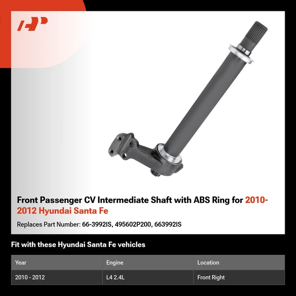 Front Passenger CV Intermediate Shaft with ABS Ring for 2010-2012 Hyundai Santa Fe