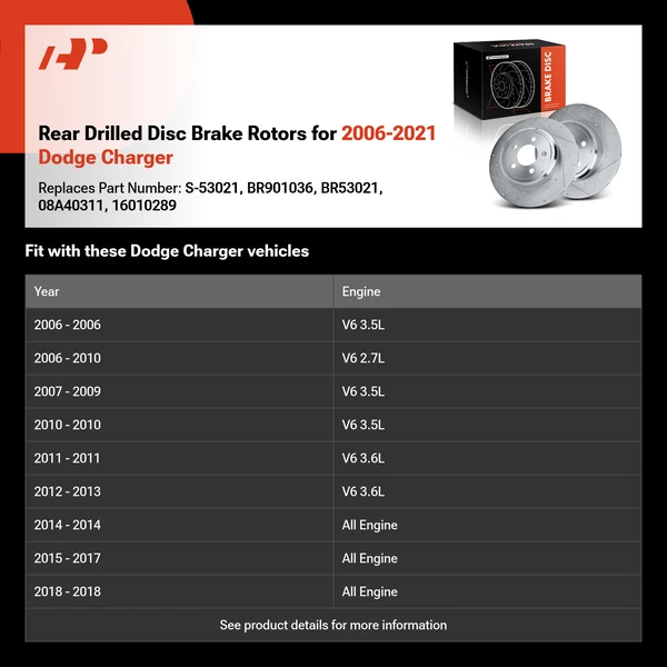 Rear Drilled Disc Brake Rotors for 2006-2021 Dodge Charger