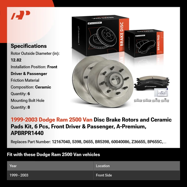 1999-2003 Dodge Ram 2500 Van Disc Brake Rotors and Ceramic Pads Kit, 6 Pcs, Front Driver & Passenger, A-Premium, APBRPR1440