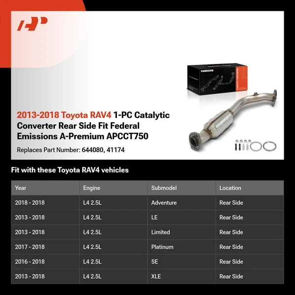 2013-2018 Toyota RAV4 1-PC Catalytic Converter Rear Side Fit Federal Emissions A-Premium APCCT750