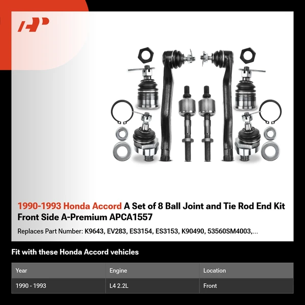 1990-1993 Honda Accord A Set of 8 Ball Joint and Tie Rod End Kit Front Side A-Premium APCA1557