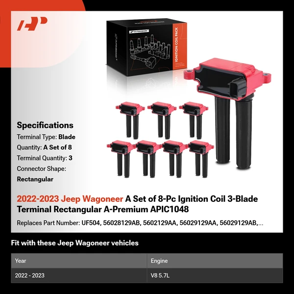 2022-2023 Jeep Wagoneer A Set of 8-Pc Ignition Coil 3-Blade Terminal Rectangular A-Premium APIC1048