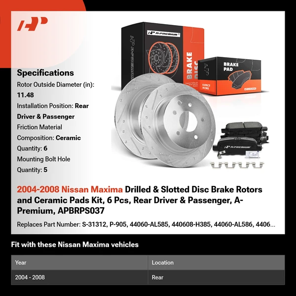 2004-2008 Nissan Maxima Drilled & Slotted Disc Brake Rotors and Ceramic Pads Kit, 6 Pcs, Rear Driver & Passenger, A-Premium, APBRPS037