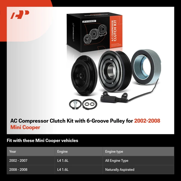 AC Compressor Clutch Kit with 6-Groove Pulley for 2002-2008 Mini Cooper