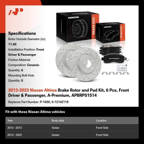 2013-2023 Nissan Altima Brake Rotor and Pad Kit, 6 Pcs, Front Driver & Passenger, A-Premium, APBRPS1514