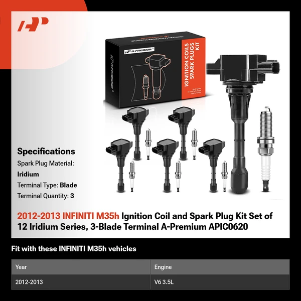 2012-2013 INFINITI M35h Ignition Coil and Spark Plug Kit Set of 12 Iridium Series, 3-Blade Terminal A-Premium APIC0620