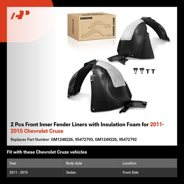 2 Pcs Front Inner Fender Liners with Insulation Foam for 2011-2015 Chevrolet Cruze