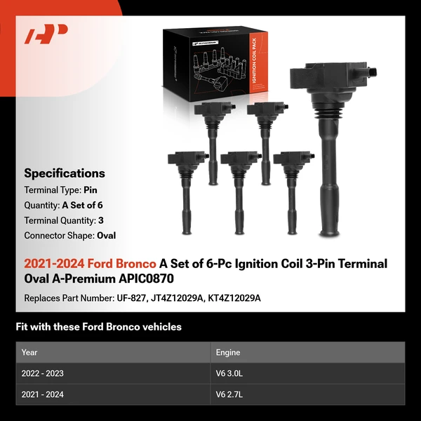 2021-2024 Ford Bronco A Set of 6-Pc Ignition Coil 3-Pin Terminal Oval A-Premium APIC0870