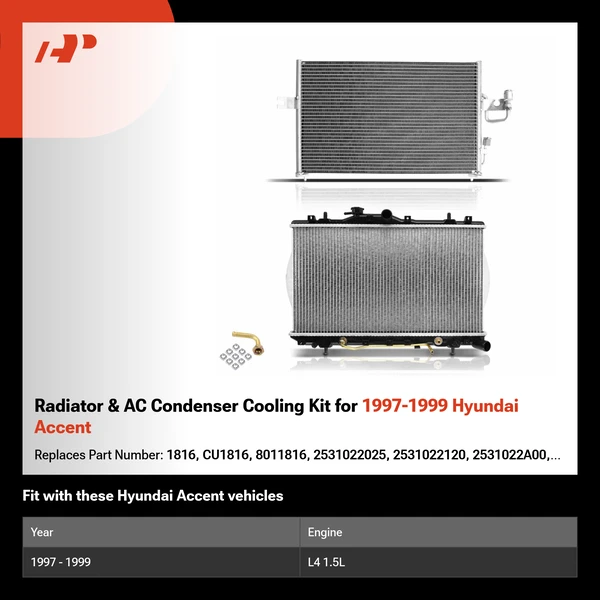 Radiator & AC Condenser Cooling Kit for 1997-1999 Hyundai Accent