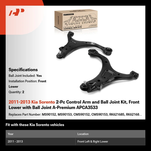 2011-2013 Kia Sorento 2-Pc Control Arm and Ball Joint Kit, Front Lower with Ball Joint A-Premium APCA3533