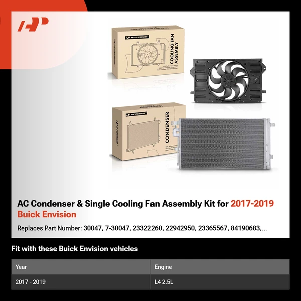 AC Condenser & Single Cooling Fan Assembly Kit for 2017-2019 Buick Envision