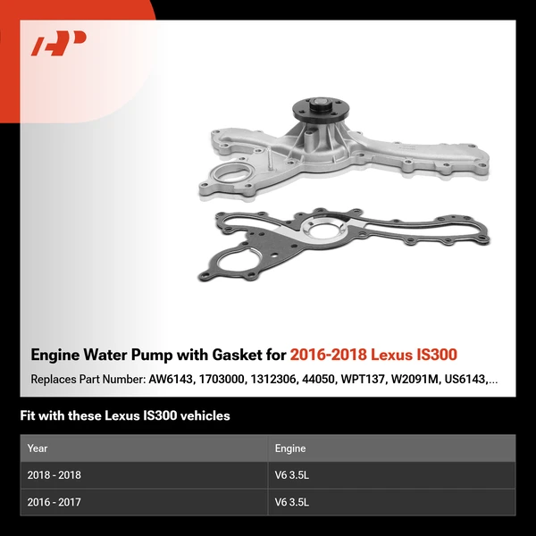 Engine Water Pump with Gasket for 2016-2018 Lexus IS300