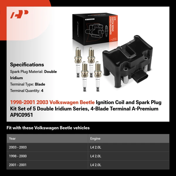 1998-2001 2003 Volkswagen Beetle Ignition Coil and Spark Plug Kit Set of 5 Double Iridium Series, 4-Blade Terminal A-Premium APIC0951