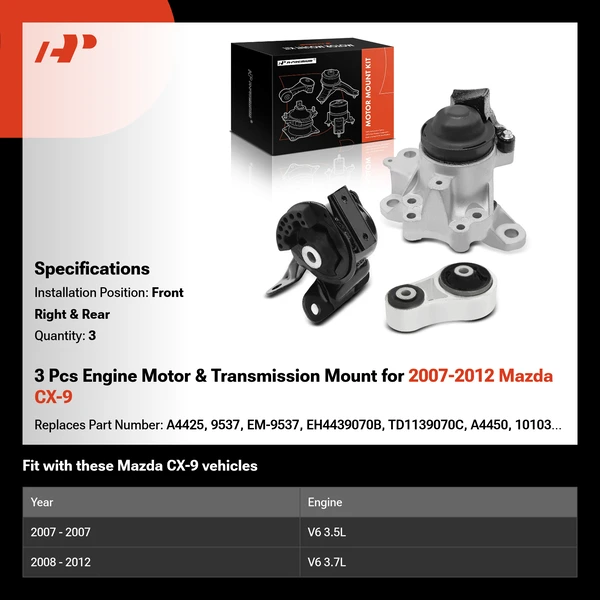 3 Pcs Engine Motor & Transmission Mount for 2007-2012 Mazda CX-9