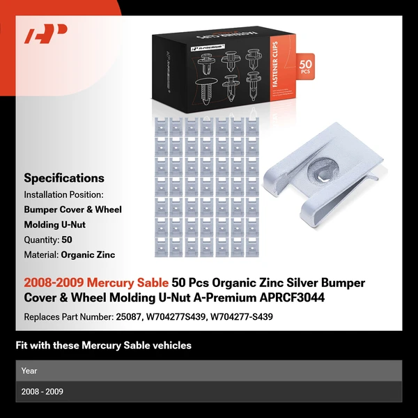 2008-2009 Mercury Sable 50 Pcs Organic Zinc Silver Bumper Cover & Wheel Molding U-Nut A-Premium APRCF3044